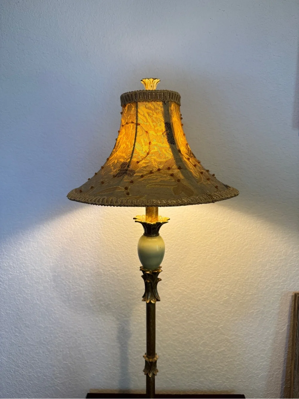 Vintage Bell lamp shade featuring an ornate design golden lace fabric beaded